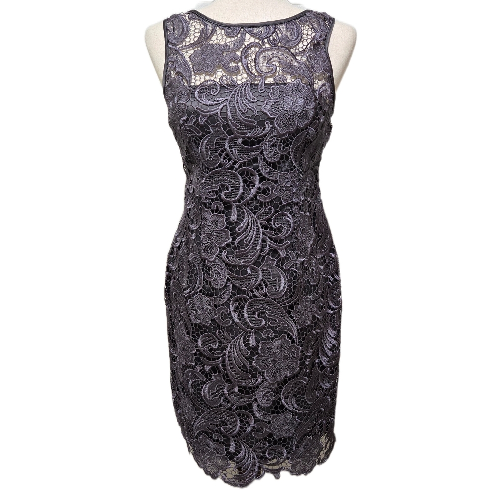 Adrianna Papell Lace Illusion Neckline Sheath Dress Sleeveless Gunmetal Gray 4P